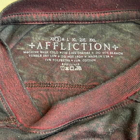 Affliction crewneck, graphic, short sleeve T-shirt, burgundy, and black - Picture 6 of 7